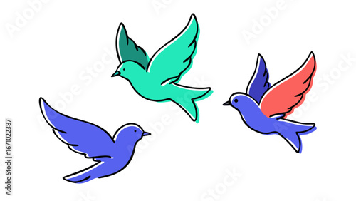 Three colorful birds flying with wings spread teal purple