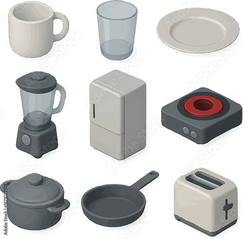 Modern kitchen essentials rendered with a clean, minimalist aesthetic for culinary projects