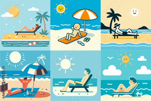 vector illustration set of people sunbathing on the beach