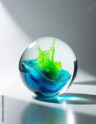 Abstract Fluid Art Clear Glass Sphere Encasing a Lively Blend of Green and Blue Liquids in Motion