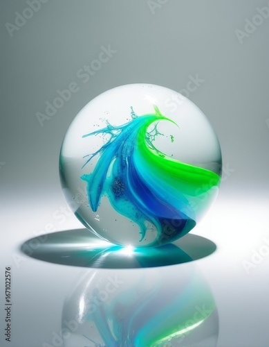 Abstract Fluid Art Clear Glass Sphere Encasing a Lively Blend of Green and Blue Liquids in Motion