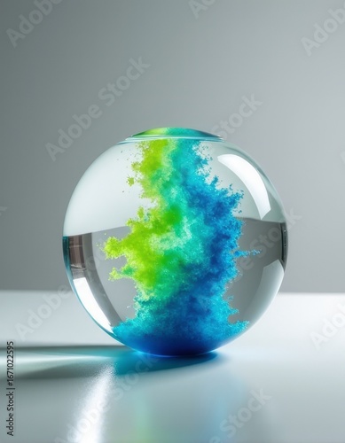 Abstract Fluid Art Clear Glass Sphere Encasing a Lively Blend of Green and Blue Liquids in Motion