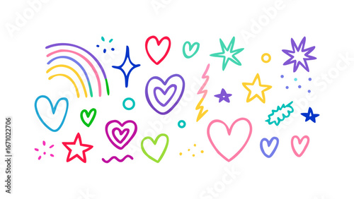 Vibrant Hand Drawn Icons Rainbow Hearts Stars Lightning Bolts circle
