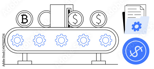 Conveyor belt with cryptocurrency and dollar coin symbols, gears, financial documents and folders. Ideal for finance, technology, automation, economy, blockchain, processing and innovation concepts