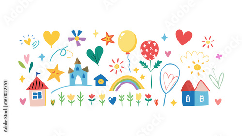 Whimsical collection of colorful cartoon elements hearts stars