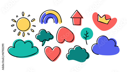 Whimsical doodle icons sun rainbow house hearts clouds tree vector