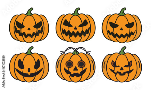 Spooky and fun jack-o'-lanterns create a festive Halloween atmosphere perfect for seasonal celebrations and decor