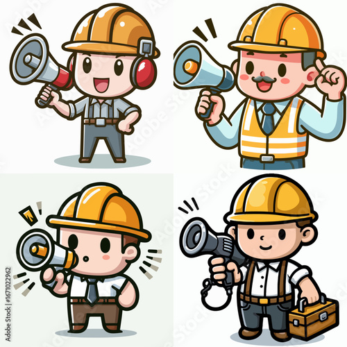 vector illustration set of foreman holding loudspeaker