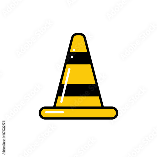 A vibrant yellow and black striped traffic cone icon, symbolizing caution, road work, or a temporary barrier, isolated on a clean white background.