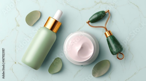 Flat lay of skincare cosmetics with glass serum bottle, moisturizer jar and jade roller on neutral background, high-resolution lifestyle beauty concept