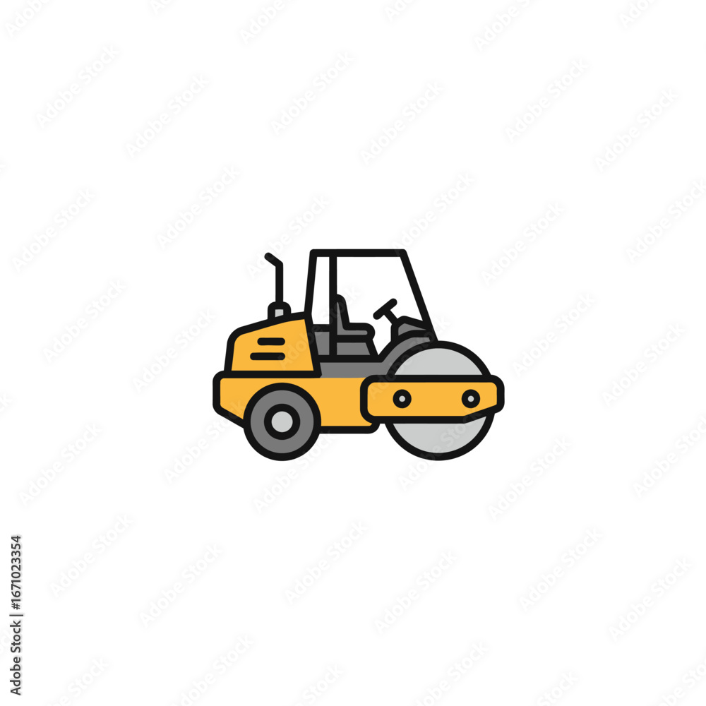 Fototapeta premium A vibrant yellow road roller icon, depicted in a clean, modern flat design style, representing heavy construction machinery used for compacting various surfaces.