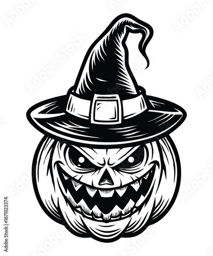 Spooky Halloween Jack-o-lantern with witch hat and menacing grin ready for festive celebrations