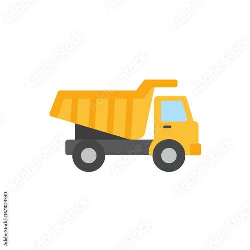 A vibrant yellow dump truck icon, rendered in a modern flat design style, perfectly illustrates heavy construction and material transport.
