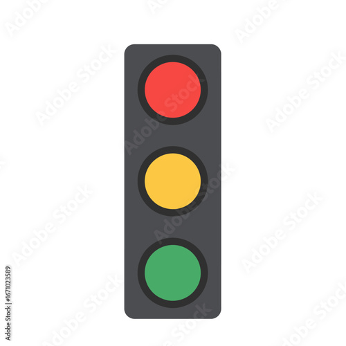 A clear, modern graphic illustration of a vertical traffic light displaying red, yellow, and green signals, symbolizing urban regulation and safety.