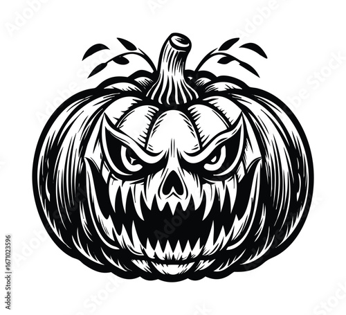 Fearsome Jack O Lantern with menacing grin and sharp teeth perfect for Halloween celebrations and spooky designs