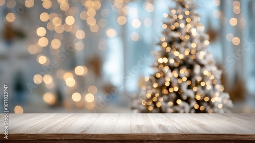 Blurred xmas tree background over empty wooden table