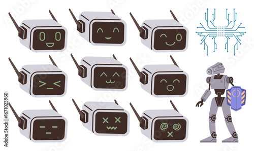 Robot heads exhibit diverse emotions using facial expressions, accompanied by a humanoid robot and neural network graphic. Ideal for AI, technology, machine learning, robotics, emotion AI