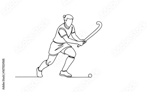 field hockey player simple minimalist aesthetic one line art, isolated on white background 