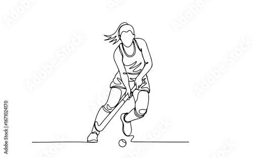 field hockey player simple minimalist aesthetic one line art, isolated on white background 