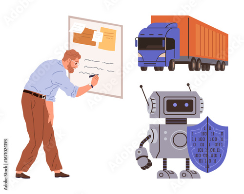 Man writing on board, truck and shielded robot emphasizing delivery chain, automation, and cybersecurity. Ideal for logistics, technology, transport security, innovation, planning protection