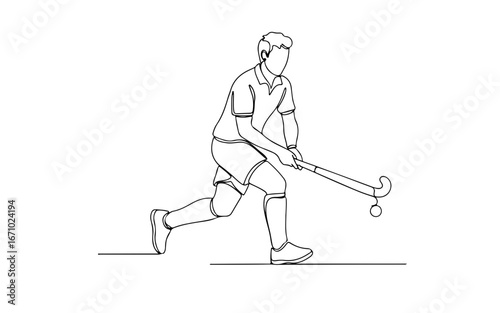 field hockey player simple minimalist aesthetic one line art, isolated on white background 