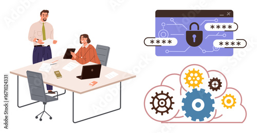 Two professionals discussing work at a desk, browser with password and lock icon, cloud with gears. Ideal for cybersecurity, workflow, technology, teamwork, protection, planning system optimization