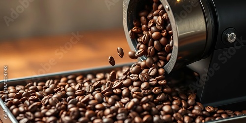 Coffee beans cascading from grinder onto tray,  close up,  burlap