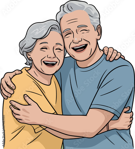  a happy senior couple embracing and laughing together. Their expressions convey joy, affection, and contentment. It portrays a loving and supportive relationship in old age.