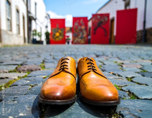 Tan leather shoes on cobblestone street, art installations in the background
