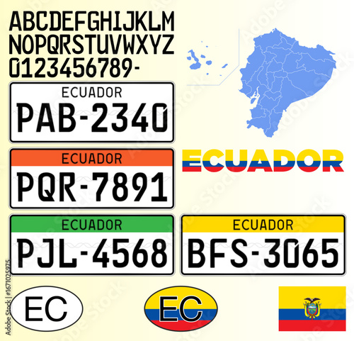 Ecuador car license plate patterns, letters, numbers and symbols, vector illustration, South America