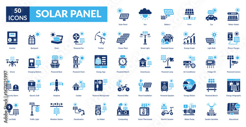 SOLAR PANEL fill icon set. Solar Panel, Sun, Battery, Farm, Car, Water Heater, Phone Charger