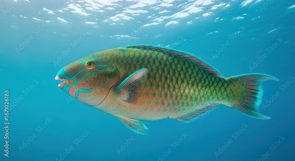 Naklejka premium Colorful parrotfish swims in ocean's clear blue water near the surface