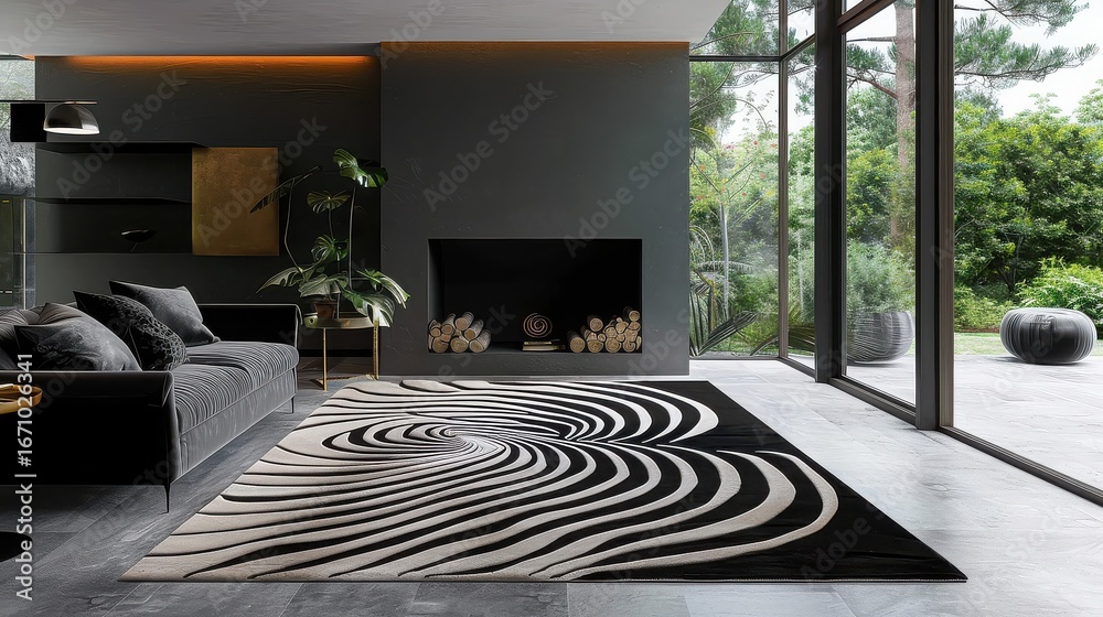 Fototapeta premium A modern living room featuring a black and white patterned rug and a large window with greenery views