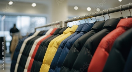 Colorful winter coats neatly hanging on a metal rack in a bright store