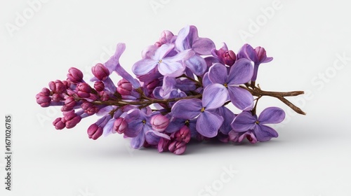 Lilac sprig with purple blooms and buds on light background, isolated