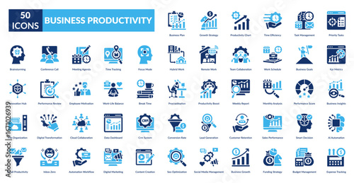 business productivity fill icon set. Business Plan, Growth Strategy, Productivity Chart, Time Efficiency, Task Management, Priority Tasks, KPI Metrics