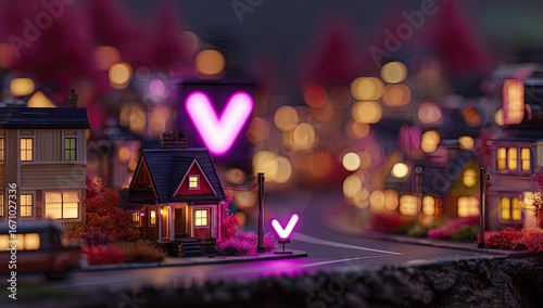 Fototapeta Naklejka Na Ścianę i Meble -  Miniature town scene at night with a glowing pink sign.