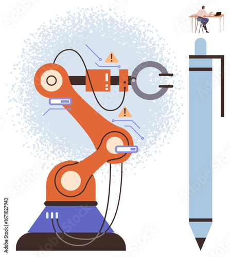 Robotic arm with warning signs executing a task, an oversized pen symbolizing creativity, and a remote worker at a desk. Ideal for automation, industry, creativity, remote work, precision
