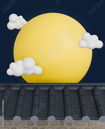 전통 기와지붕과 보름이 있는 3D 일러스트 3D Illustration of Traditional Roof and Full Moon