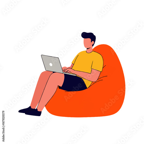 Illustration of a man sitting in a beanbag chair using a laptop, working or relaxing.