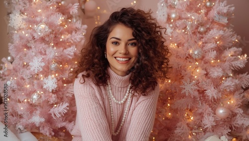 Stylish woman in pink sweater sitting near pastel Christmas tree with festive decorations