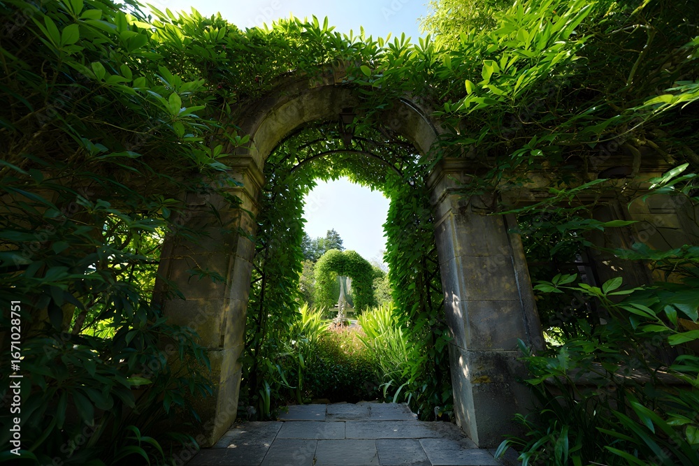 Obraz premium Ancient stone archway leading down a sunlit path through a lush garden