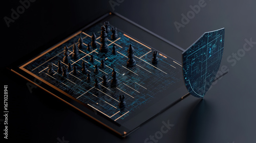 Abstract digital chessboard with black chess pieces and a glowing cyber security shield on a dark background