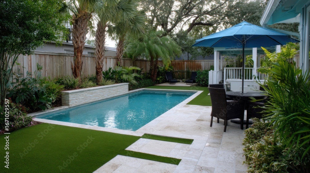 Fototapeta premium Rectangular pool with tiled border, turf, and landscaping in a backyard oasis under a blue umbrella