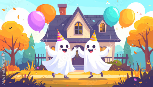 Happy Halloween Cartoon ghosts celebrating with balloons, a house, and an autumnal setting