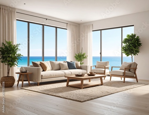 Sundrenched Coastal Sanctuary Minimalist Living Room with Panoramic Sea Views.