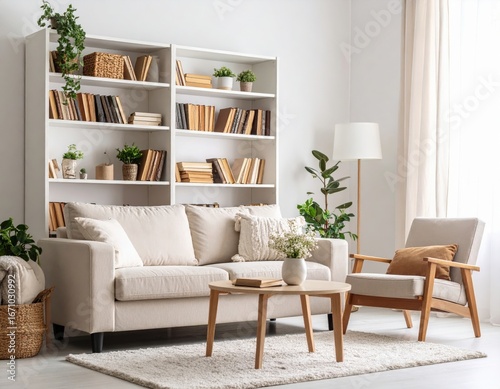 SunDrenched Reading Nook with White Bookshelf Cozy Sofa and Green Plants.