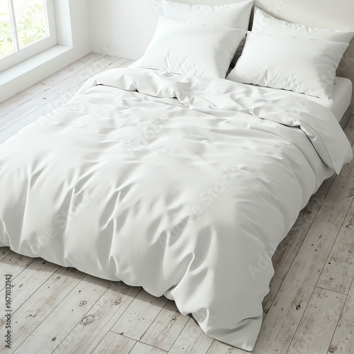 White bedding on a bed with wooden floor