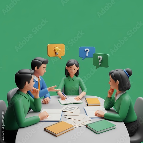 A 3D rendering of a diverse team collaborating around a table, brainstorming ideas and asking questions.