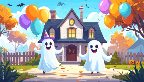 Friendly cartoon ghosts cheerfully celebrate Halloween in a charming autumn scene, dancing joyfully with colorful balloons outside a cozy house, embodying a whimsical and festive holiday spirit